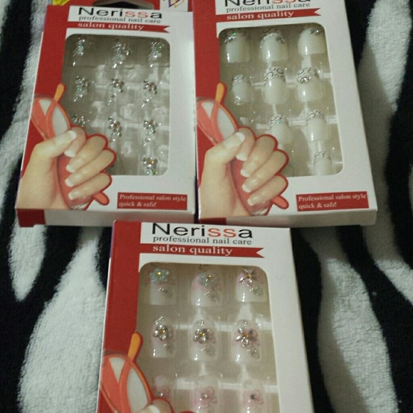 3 sets press on nails clear floral white sparkly