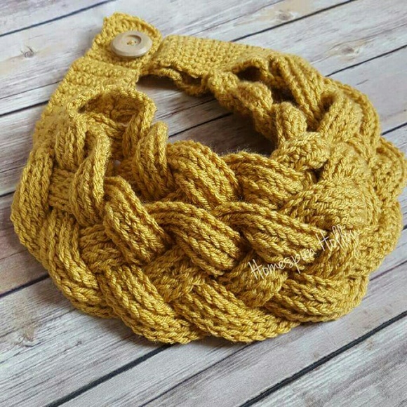 Crochet mustard color neck warmer, braided cowl