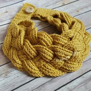 Crochet mustard color neck warmer, braided cowl