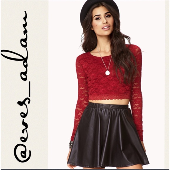 Red long sleeve lace crop top