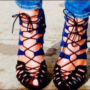 Zara navy blue and black shoe lace heels