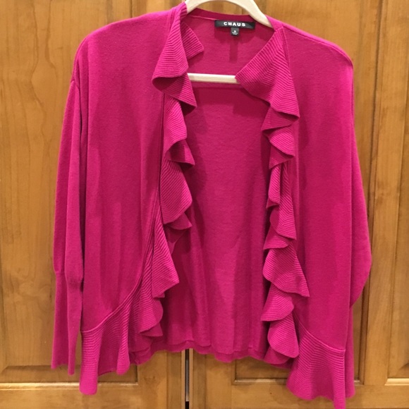 Chaus 3/4 length sweater Sm, knit ruffle, hot pink
