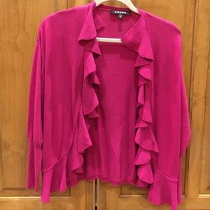 Chaus 3/4 length sweater Sm, knit ruffle, hot pink