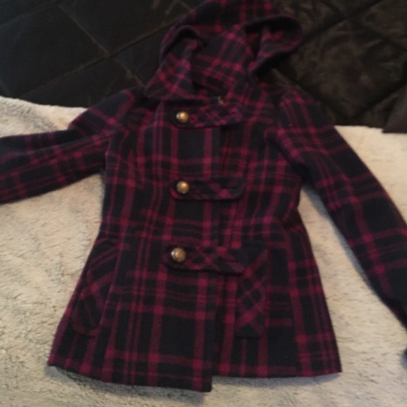 DeLia's Jackets & Blazers - Pink//black plaid pea coat