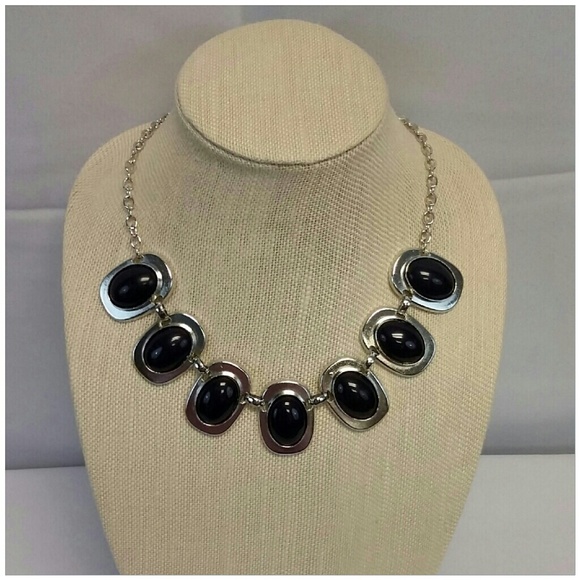 Jewelry - Oblong Silver-tone with Black Round Enamel