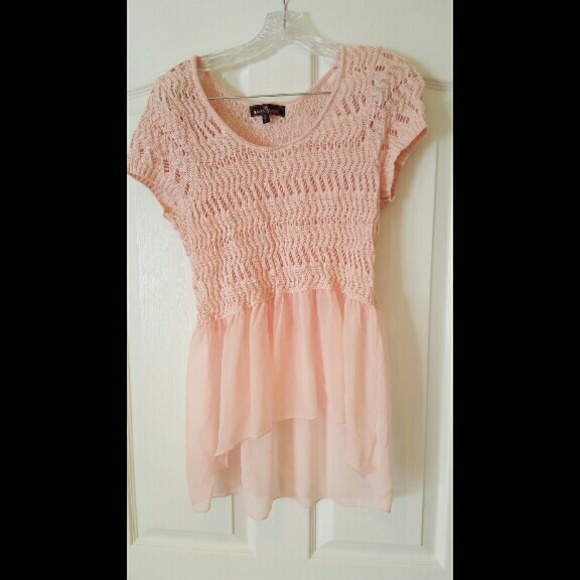 Light pink sweater with high low chiffon detail