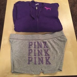 Victoria's Secret sweat shirt and shorts.