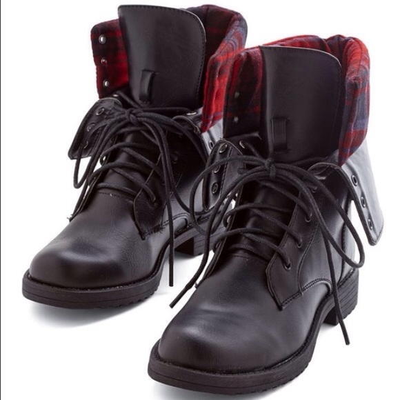 ModCloth Shoes - Black + red plaid lace-up combat boots