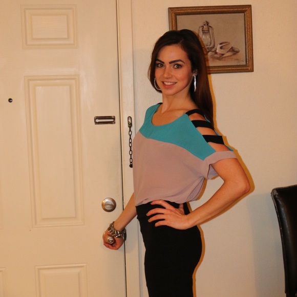 Blue and Grey Color Block Sheer Blouse