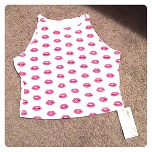 Pink Lips Printed Cotton Spandex Crop Top