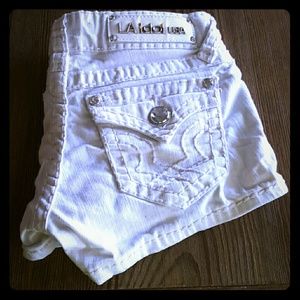 White LA Idol denim shorts with Rhinestones