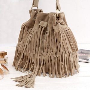 Beige Tan Fringe Bucket Bag New W/out Tag