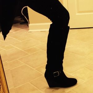 BCBG Generation Wedge black boots/gold buckle.