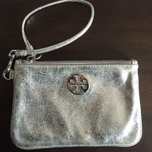 Tory Burch metallic silver wristlet