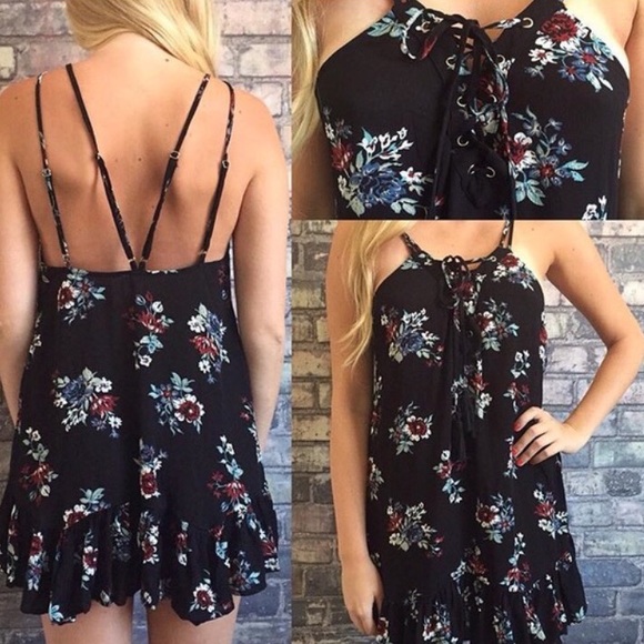 NWT Cotton Candy Black Floral Lace Up Dress