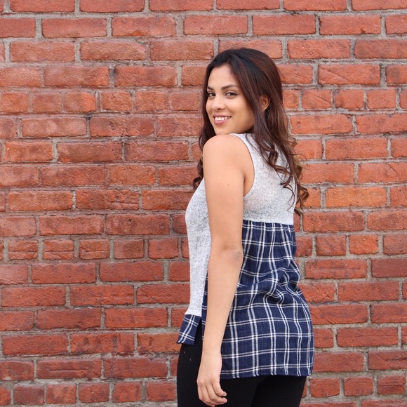 Blue plaid and grey knit