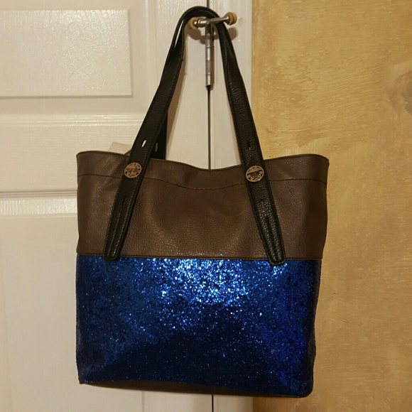 Blue sparkly and metallic brown tote