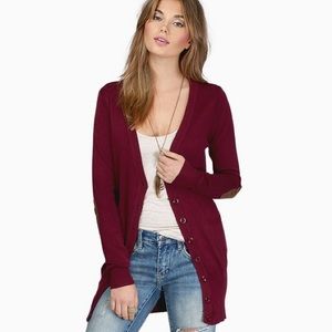 Burgundy cardigan with elbow patches