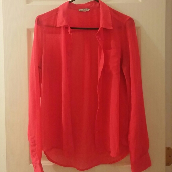 Pink sheer long sleeve American Eagle button up