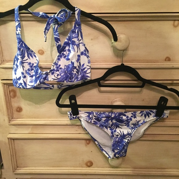 blue and white floral bikini