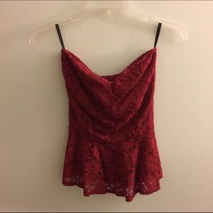 Red lace strapless peplum top, size S