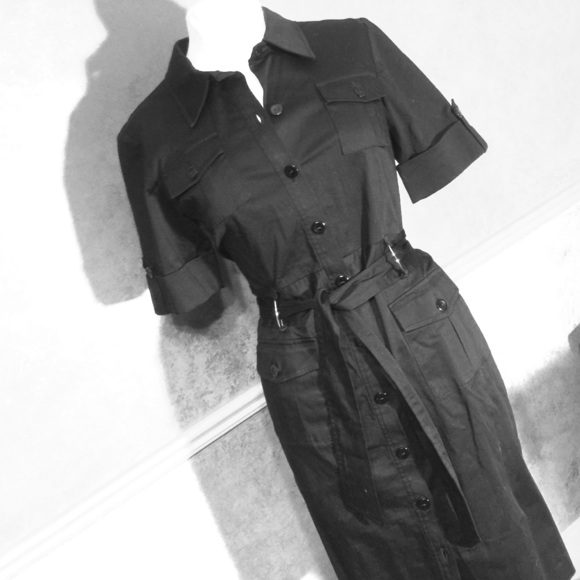 Stretch button down shirt dress pockets safari