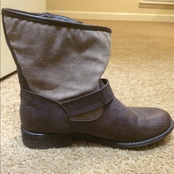 Brown and grey boots.