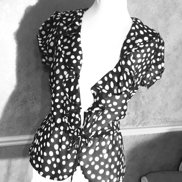 Black-and-white polkadot sheer tie front cardigan
