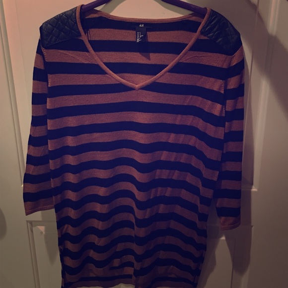 BLACK/CARAMEL STRIPE SWEATER W/ leather shoulders