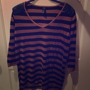 BLACK/CARAMEL STRIPE SWEATER W/ leather shoulders