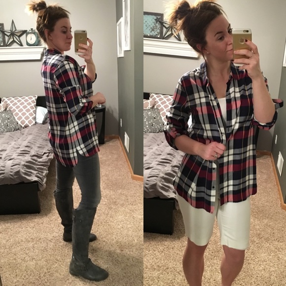 ◾️Red-Navy-White-Yellow Silky Plaid Long sleeve - Picture 2 of 3