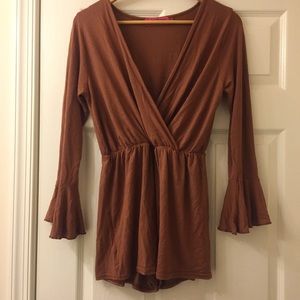 Camel Bell Sleeve V Neck Romper