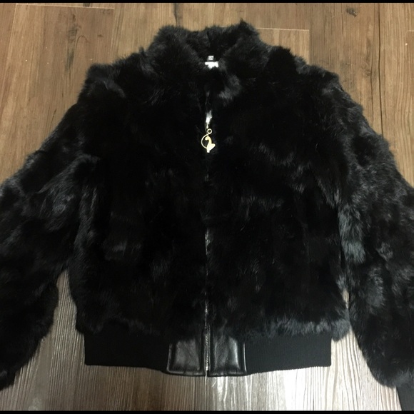 RABBIT FUR Black Leather BABY PHAT Coat Sz Small
