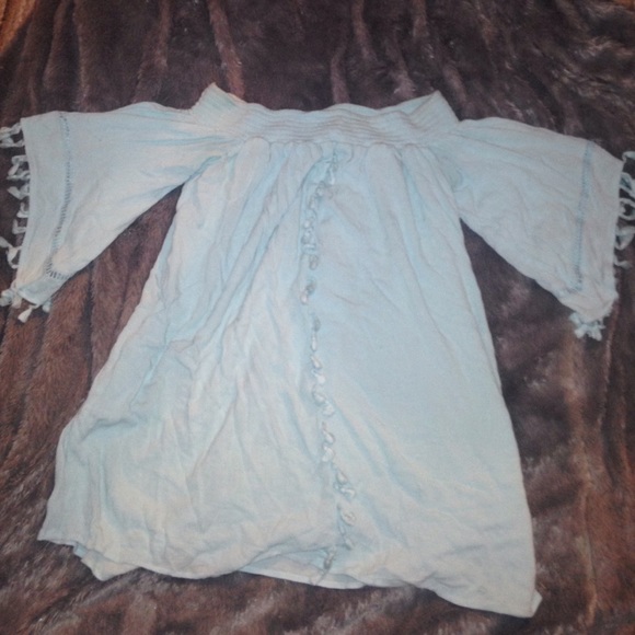 light blue off the shoulder fringe dress