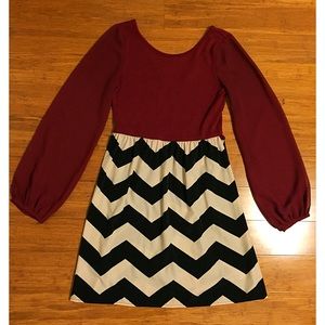 Chevron/Maroon Long Sleeve Dress - Whimsy (Small)