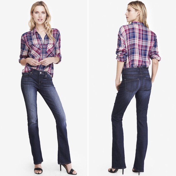 • Express Dark Mid Rise Barely Boot Jeans