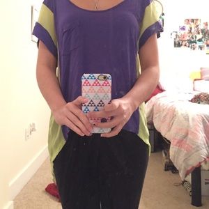 Purple and lime green color block blouse