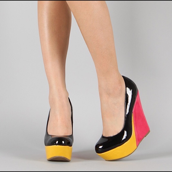 Black Round Toe Patent Colorblock Wedge Pump 7.5
