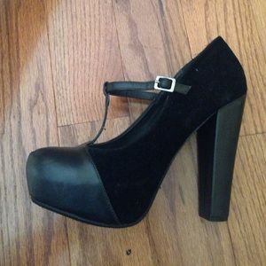Black velvet and leather heels