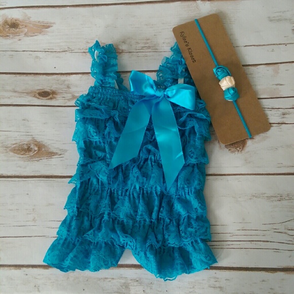 Turquoise lace romper and headband, newborn