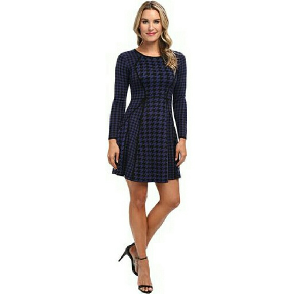 CALVIN KLEIN Purple Houndstooth Fit & Flare Sweater Dress - Picture 6 of 6