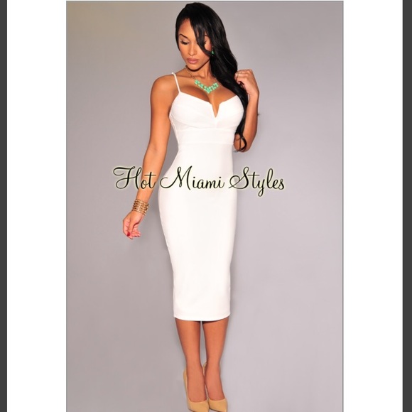 White Plunging V Neck Midi Dress