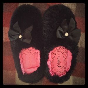 Candie's Black Fuzzy Slippers with Rhinestone Bow