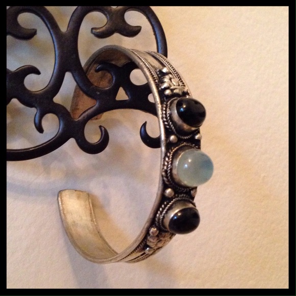Tibetan silver and stone cuff bracelet