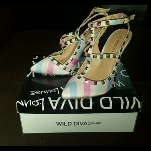 Baby Blue, Light Pink/Tanish, Pink. Stud Heels