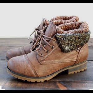 Sweater cuff lace up ankle booties