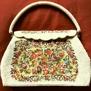 Vintage White Pearl Hand Beaded Bag with Floral De