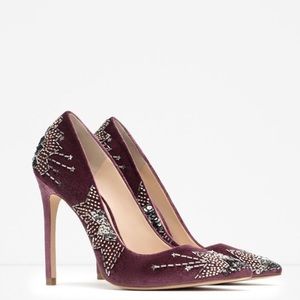 NIB ZARA VELVET EMBROIDERED EMBELLISHED HIGH HEELS