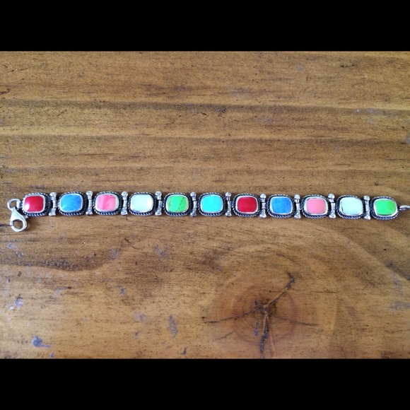 Sterling silver link bracelet w colored stones