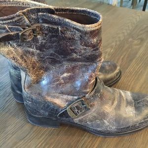 Distressed brownish black Frye motorcycle boots